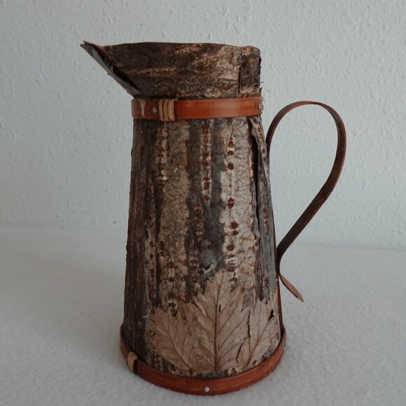 Handmade Wood Tree Bark Pitcher Vase 7.5” Vintage Rustic Natural Earthy Textured - Picture 2 of 14